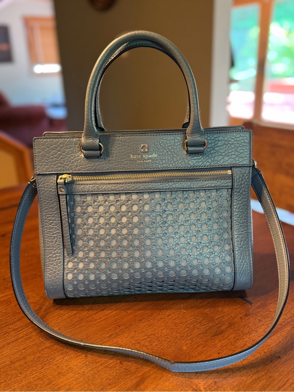 Kate Spade Perri Lane Full Size Leather Tote Handbag in Slate Blue- Like New!